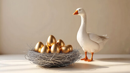 golden eggs in a silver nest, accompanied by a white goose against a beige wall. Perfect for themes of luxury, wealth, prosperity, and elegance. Includes ample copyspace for text