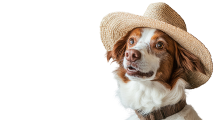 Canine Cowboy: A charming dog, donned in a straw hat, playfully embodies the spirit of the Wild West, showcasing its unique personality and playful expression.
