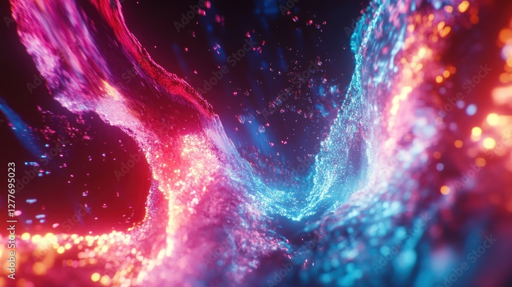 Poster a vibrant abstract splash of illuminated colors, blending shades of blue and pink with a dynamic flo