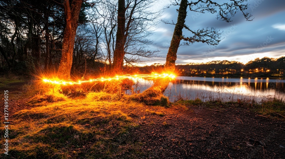 Poster enchanting forest lake scene with light painting illuminating trees at twilight creating a magical a