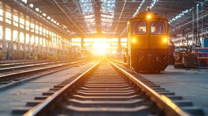 Fototapeta premium Gleaming yellow locomotive stands ready on sunlit tracks inside a vast industrial train depot hall with high ceiling and bright light