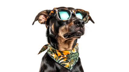 Dog wearing sunglasses and a tropical bandana