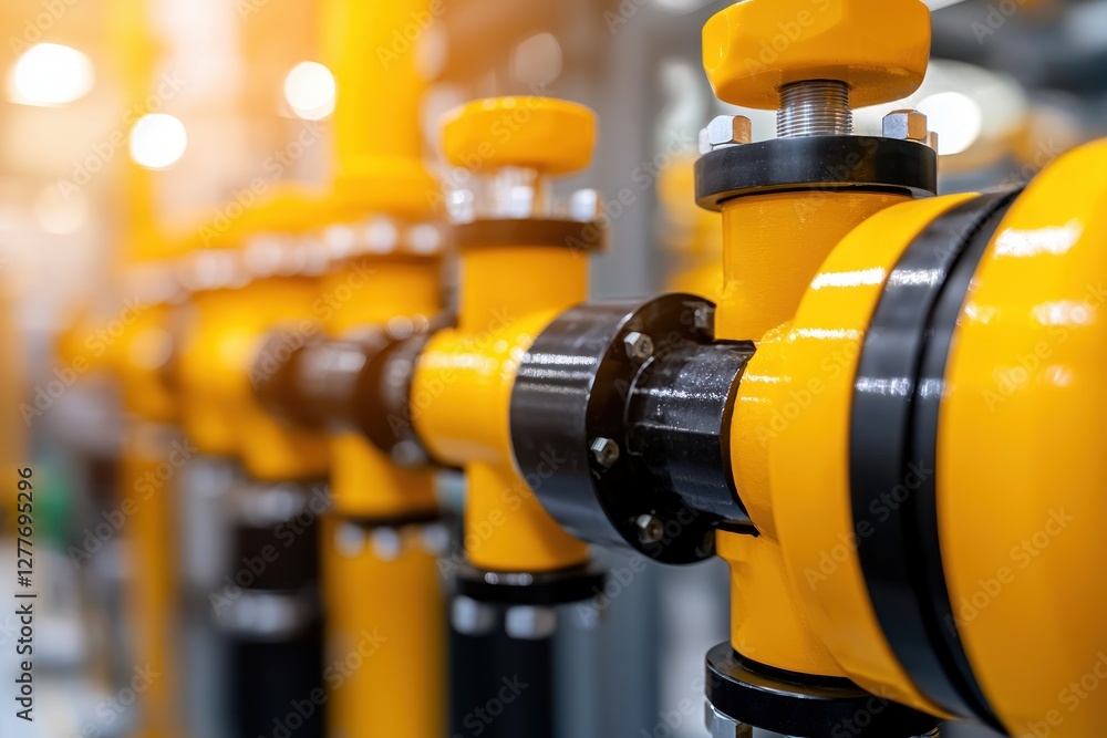 Poster industrial yellow pipeline system valves and fittings in a row with bright lights and shallow depth 