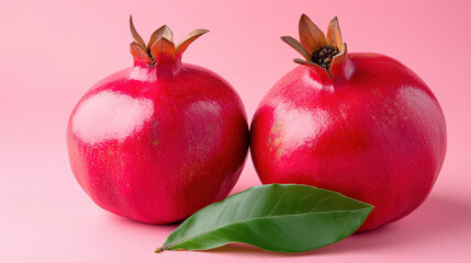 Fresh ripe pomegranates with glossy skin and green leaves on pink background, showcasing their vibrant color and natural beauty