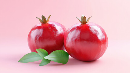 Fresh ripe pomegranates with glossy surfaces and green leaves, showcasing their vibrant red color against soft pink background, evoke sense of freshness and vitality