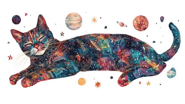 Celestial Cat: A whimsical illustration of a cat with a galaxy-themed body, lounging amongst planets and stars, inviting viewers into a world of fantasy and imagination.