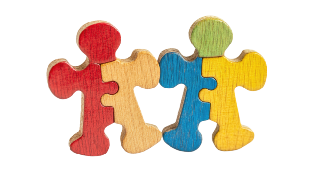 Interlocking Puzzle Pieces: Symbolic of partnership and connection, these colorful jigsaw puzzle pieces, meticulously crafted into person shapes, suggest unity, teamwork.