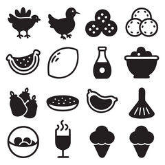 Icons set. Chicken roast fried crunch nonveg barbecue menu nuggets egg hatch wings rooster Editable stroke vector