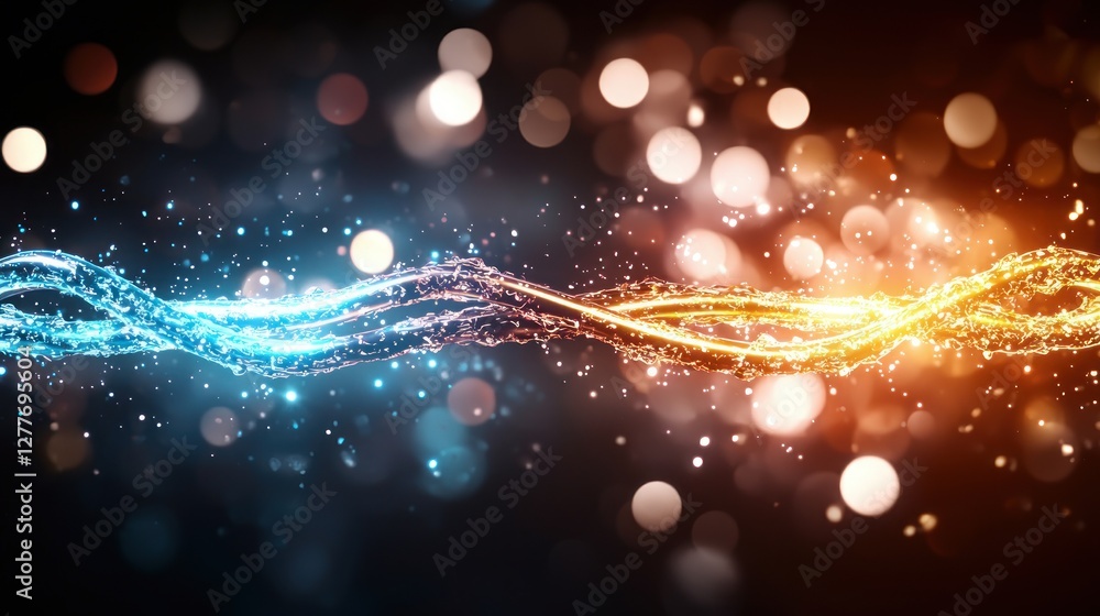 Poster abstract energy wave with vibrant blue and orange hues against a dark bokeh background creating a dy