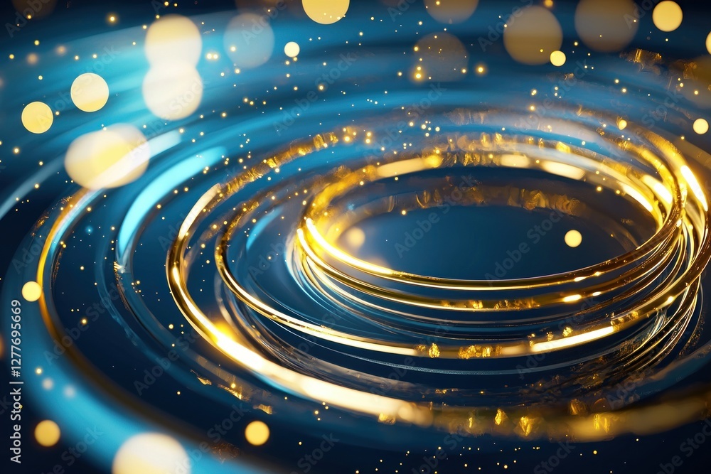 Poster golden rings radiating light on a blue surface abstract background with bokeh and sparkles creating 