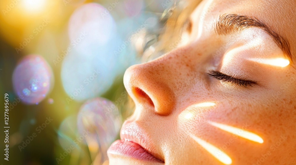 Poster close up of a serene woman's face basking in sunlight with freckles and soft bokeh background creati