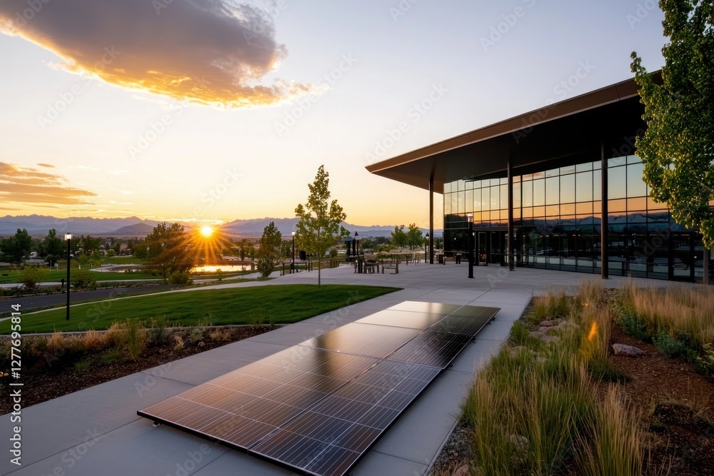 Aufkleber solar panel array at sunset reflecting on modern building facade with mountain backdrop and golden h
