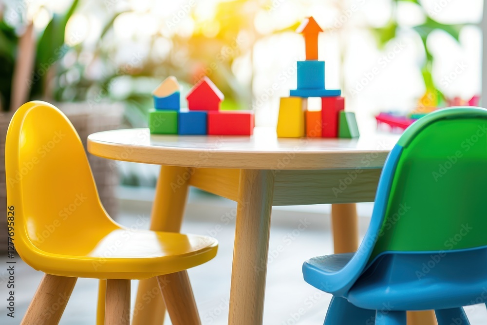 Poster colorful wooden blocks on a small table with yellow and green chairs in a bright playroom with a che
