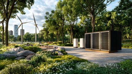 Obraz premium Serene urban landscape with wind turbines solar panels lush greenery and cityscape backdrop creating a sustainable energy vision