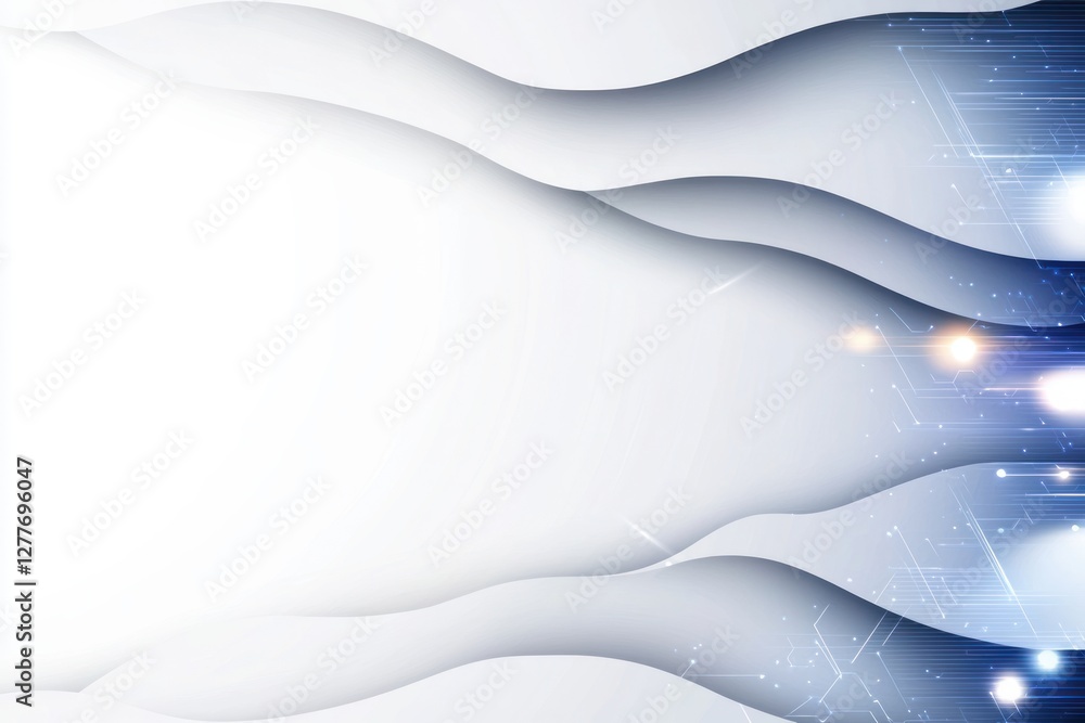 Poster abstract technology backdrop with wavy white layers and glowing blue circuitry for modern design and
