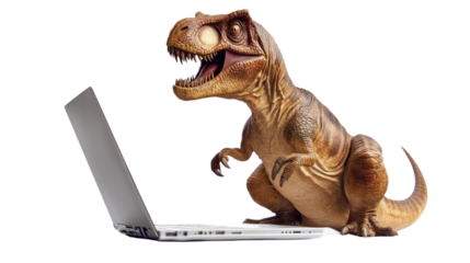 Dinosaur with Laptop: A ferocious dinosaur stares intently at a modern laptop, seemingly engaged in a tech-savvy activity, blending the ancient and the contemporary.