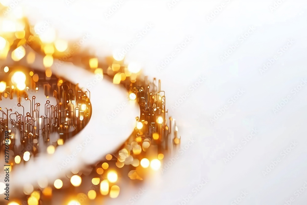 Poster golden circuit board design with glowing bokeh lights on a clean white background for technology con