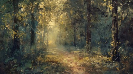 Obraz premium A mystical sunlight through trees, casting soft patterns on the forest floor,