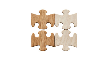 Fototapeta premium Puzzle Pieces of Teamwork: Four interlocking wooden puzzle pieces, symbolizing unity and collaboration, form a perfect fit, representing problem-solving and business solutions.