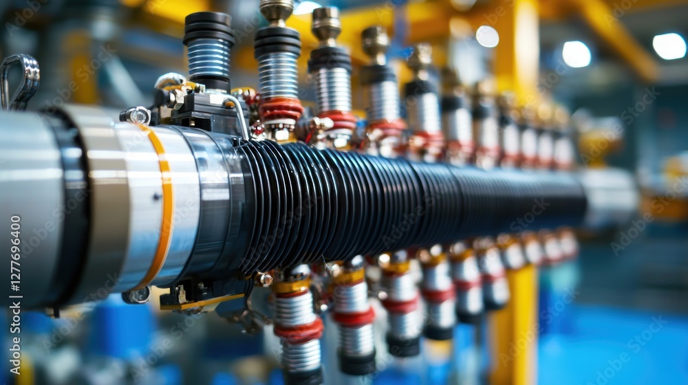 Poster close up of industrial equipment with complex mechanical components in a factory setting showcasing 