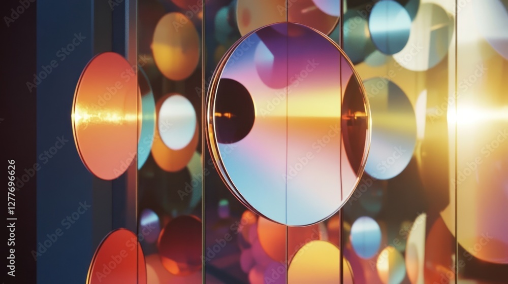 Poster a vibrant, abstract design featuring overlapping circular shapes and colorful reflections that creat
