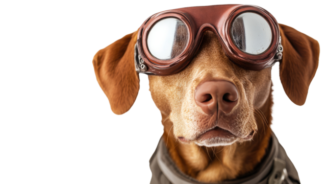 Canine Aviator: A charming dog dons vintage aviator goggles, radiating an adventurous spirit and a touch of whimsy in a delightful portrait.
