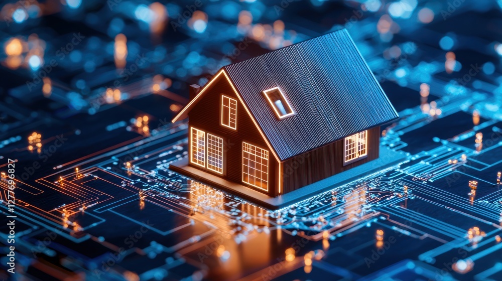 Poster futuristic smart home concept digital house on circuit board background representing technology inte