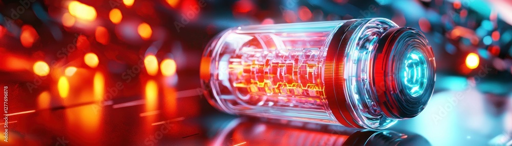 Poster futuristic technology core with glowing red and blue lights reflecting on a shiny surface in a moder