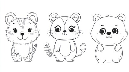 Cute cartoon animals, tiger, bear, and a cat, outlined in black ink, ready for coloring.