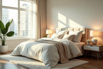 Serene Bedroom Sanctuary Sunlit Master Suite with Plush Bedding and Soft Lighting