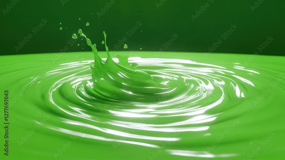 Poster a vibrant splash of green liquid creating ripples in a bowl, emphasizing the dynamic movement and re