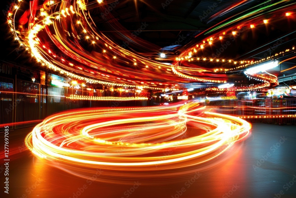Poster dynamic light trails weaving through urban nightscape capturing motion and energy with vibrant color