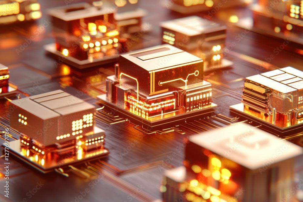Poster golden microchips on a circuit board illuminate the future of technology with intricate detail and w
