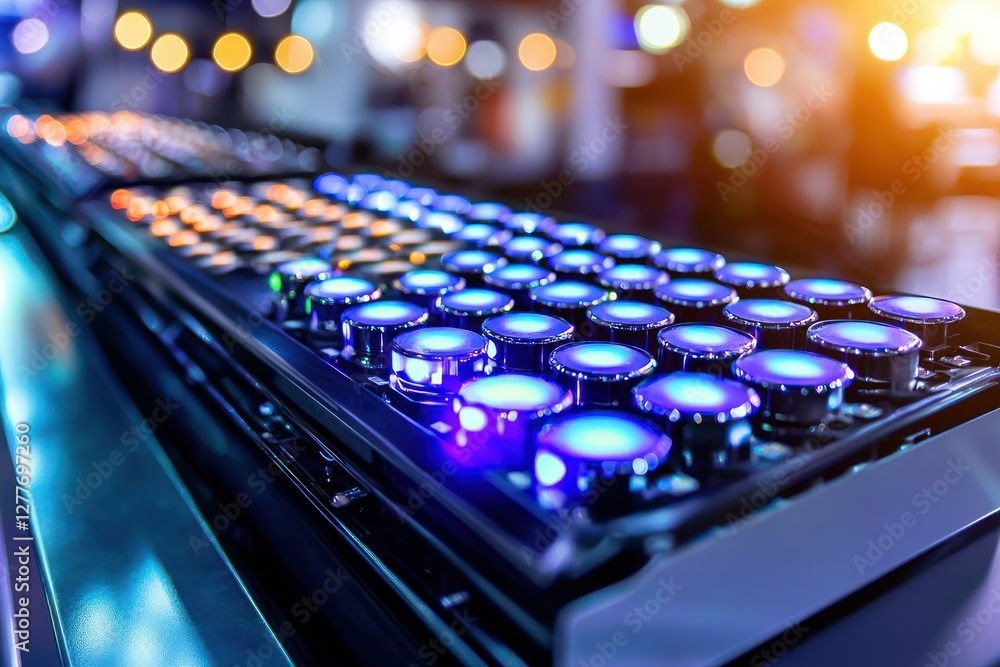 Poster illuminated buttons on a modern control panel with vibrant blue and orange lighting in a futuristic 