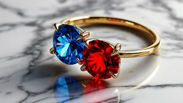 Elegant dual gemstone ring featuring blue and red stones on a marble surface with a polished finish