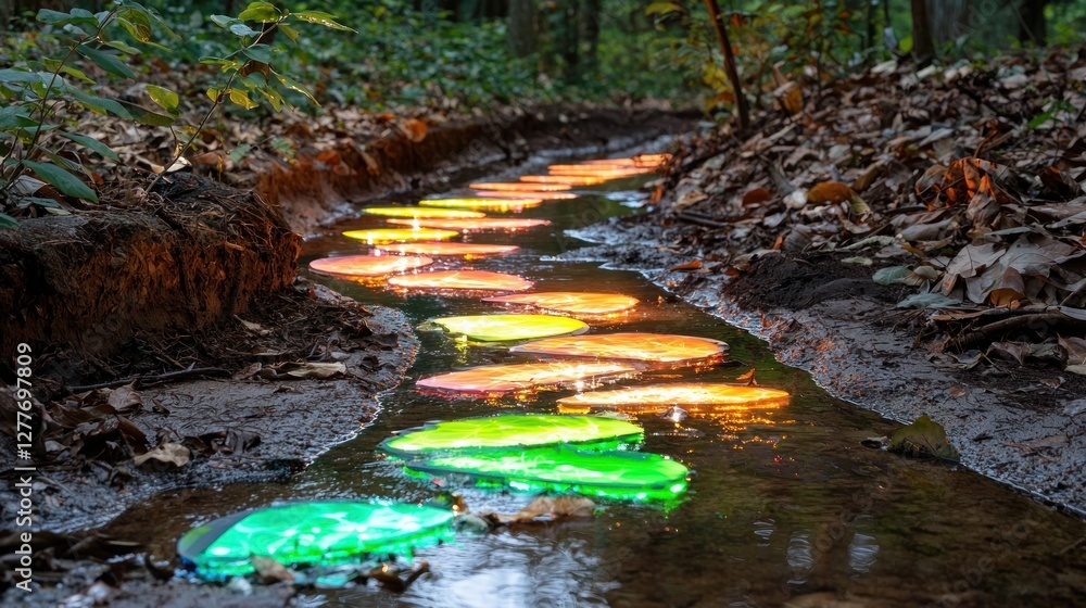 Poster Enchanting Forest Stream Illuminated by Floating Discs Creating a Magical and Ethereal Atmosphere with a Low Angle Perspective
