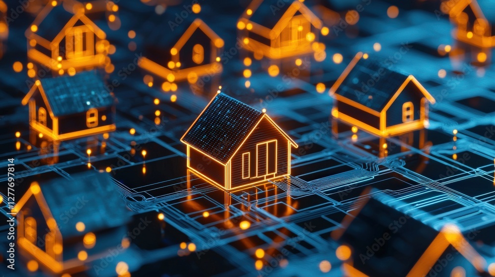 Poster digital house concept with neon lights and circuit pattern