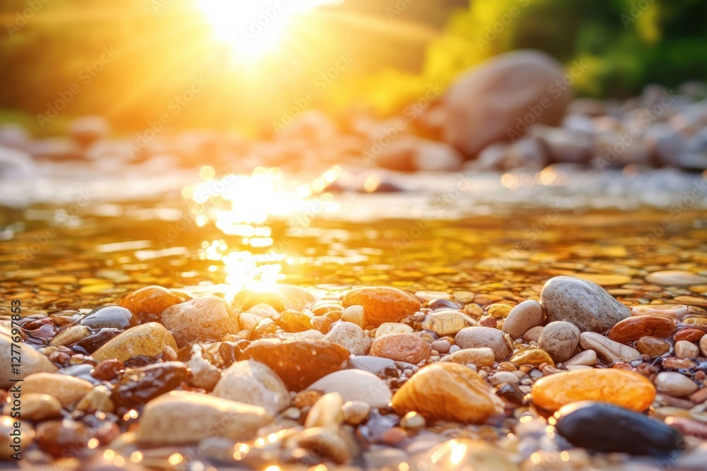 Poster serene riverbed stones bathed in golden sunlight creating a warm and inviting natural scene with blu