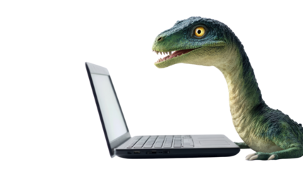 Dinosaur’s Digital Curiosity: A whimsical dinosaur peeks inquisitively at an open laptop. This image is a playful juxtaposition of prehistoric wonder and modern technology.