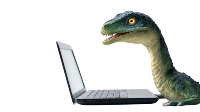 Dinosaur’s Digital Curiosity: A whimsical dinosaur peeks inquisitively at an open laptop. This image is a playful juxtaposition of prehistoric wonder and modern technology.