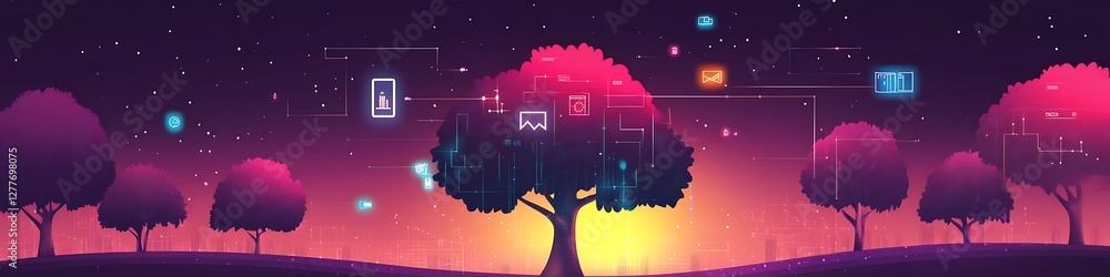 Poster digital tree network connecting data in a sunset landscape