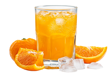 Refreshing orange drink with ice and fruit slices