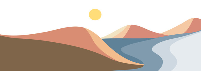 Flat design landscape background with mountains, sea, beach and hills. creative minimalist modern art print. use for print art, poster, cover, banner