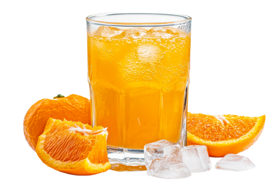 Refreshing orange drink with ice and fruit slices