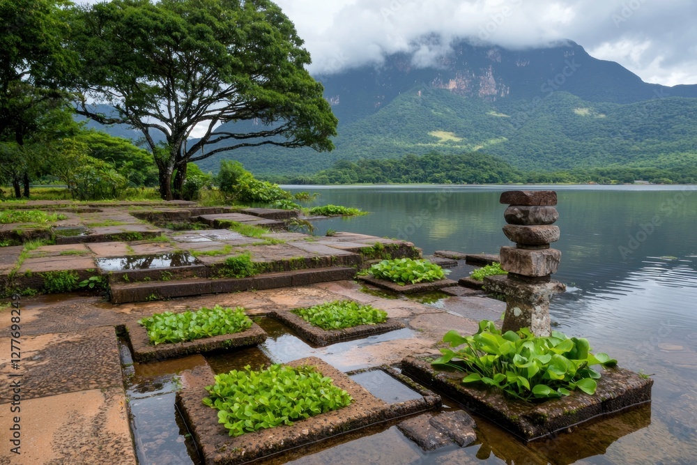 Poster tranquil lake scene with stone formations and lush greenery under a cloudy sky creating a serene and