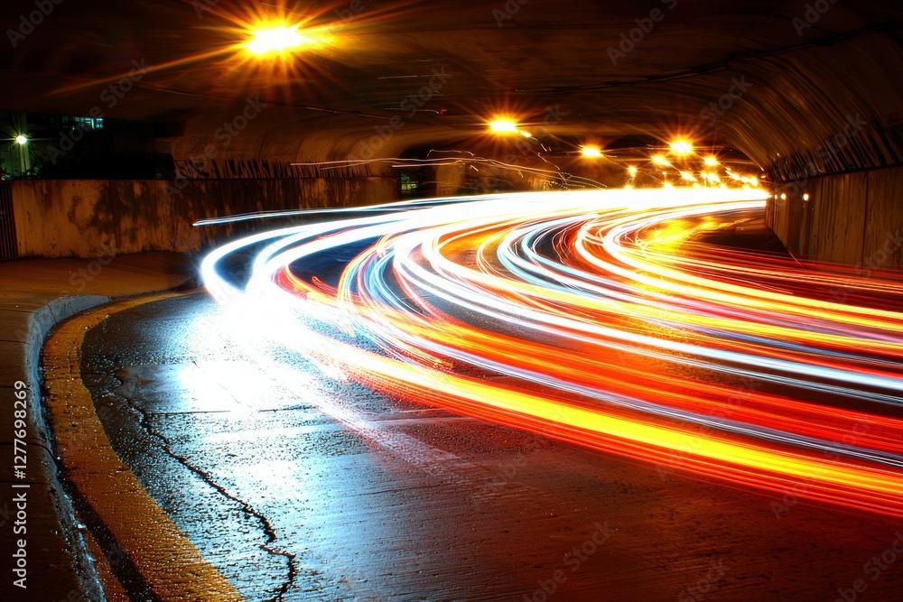 Aufkleber dynamic light trails through urban tunnel capturing motion and speed with vivid colors and nighttime
