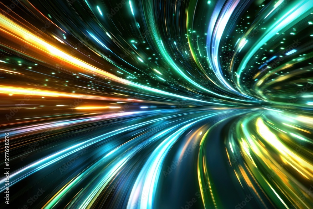 Poster abstract light trails through a tunnel of vibrant colors creating a sense of speed and motion modern