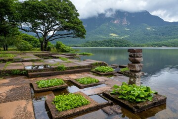 Fototapeta premium Tranquil lake scene with stone formations and lush greenery under a cloudy sky creating a serene and peaceful atmosphere