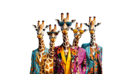 Giraffes dressed in colorful suits with sunglasses
