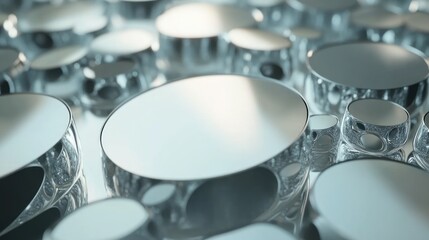 An abstract arrangement of reflective metallic shapes showcases intricate designs and patterns, emphasizing depth and visual interest in a modern aesthetic.